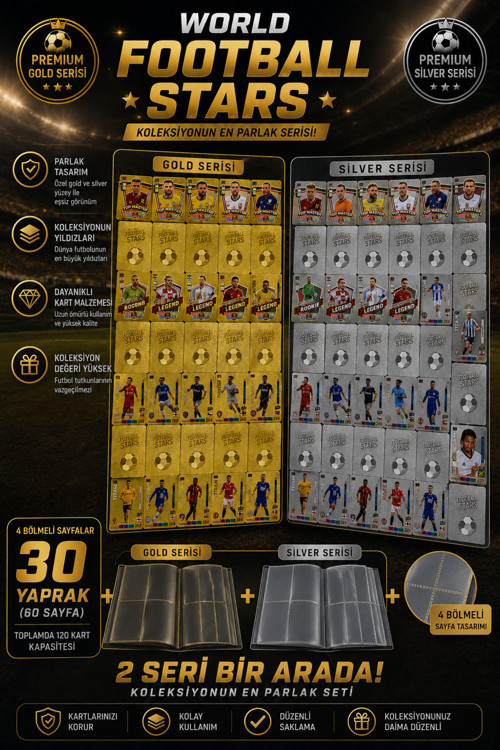 Futbolcu Oyun Karti 110 Adet GOLD + SILVER Series Pocket Esnek Kırılmaz Parlak Kart + ALBÜM HEDİYELİ