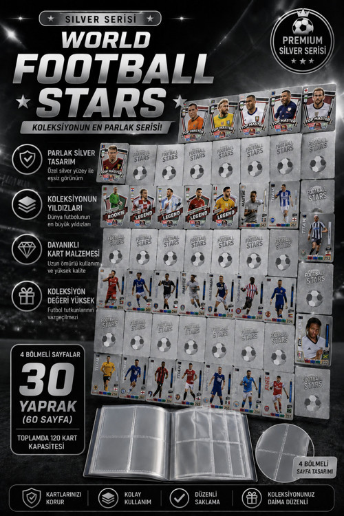 Futbolcu Oyun Karti 55 Adet SILVER Series Pocket Esnek Kırılmaz Parlak Kart + ALBÜM HEDİYELİ