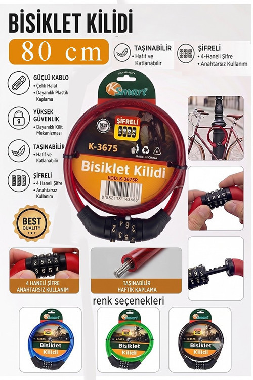 Kırmızı Şifreli Bisiklet Kilidi 80 cm 1 Adet K-3675 Çelik Halat Plastik Kaplamalı Bisiklet Kiliti Scooter Kapı Şifreli