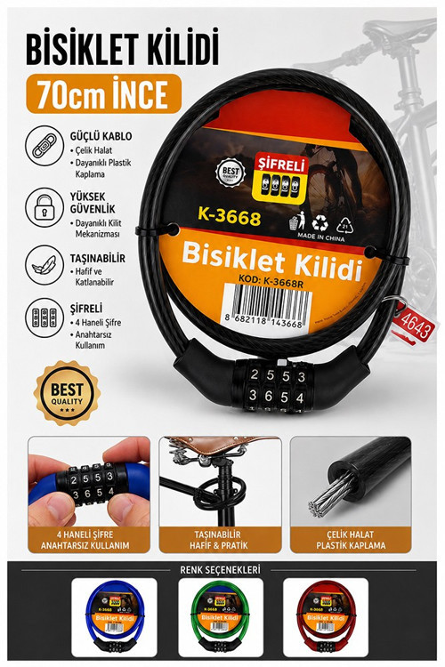 Siyah Şifreli Bisiklet Kilidi 70 cm İnce 1 Adet K-3668 Çelik Halat Plastik Kaplamalı Bisiklet Kiliti Scooter Kapı Şifrel