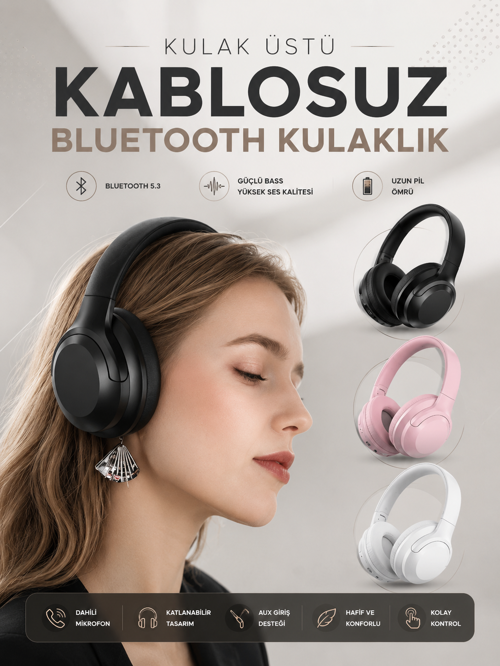 popüler Kablosuz Bluetooth Kulaklık ANC/ENC Destekli Kulak Üstü Yüksek Ses Kaliteli 2026