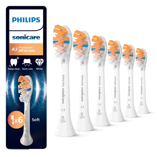 Sonicare A3 Premium Hepsi Bir Arada, Orijinal Yedek Fırça Başlıkları, Beyaz, 6'lı Paket, HX9096/87