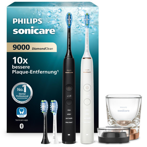 Sonicare DiamondClean 9000 elektrikli diş fırçası, ikili paket, uygulama dahil sonik diş fırçası, basınç sensörü, 4 fırçalama modu, 3 yoğunluk seviyesi, siyah ve pembe altın, model HX9914/61