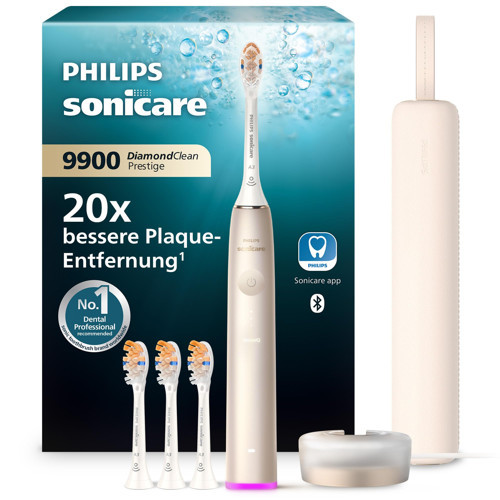 Sonicare DiamondClean 9900 Prestige elektrikli diş fırçası, SenseIQ teknolojisi ve uygulamasıyla, 5 fırçalama modu, 3 yoğunluk seviyesi, seyahat şarj kutusu, şampanya, model HX9992/44