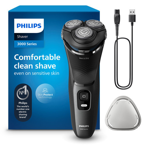 Shaver Series 3000 - Erkekler için elektrikli tıraş makinesi: ıslak ve kuru tıraş, SkinProtect teknolojisiyle, antrasit, katlanabilir sakal düzelticiyle, kablosuz (S3145/00)