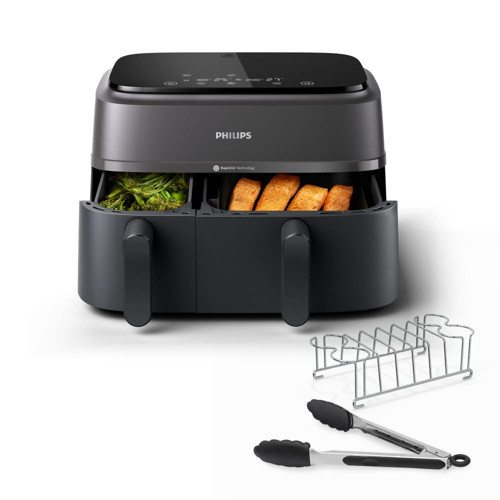 Airfryer 3000 Serisi İkili Sepet, 2 sepetli sıcak hava fritözü ve kahvaltı seti, 9 L, RapidAir Plus teknolojisi, %90 daha az yağ, enerji tasarruflu, HomeID uygulaması (NA350/03)