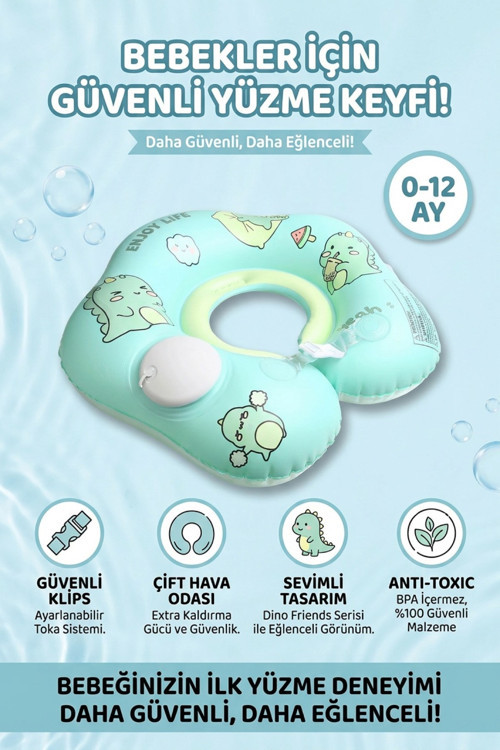 Pompa Gerektirmeyen Bebek Yüzme Boyun Simidi Süngerli Yeni Nesil Çift Emniyet Tokalı 0-12 Ay Yeşil