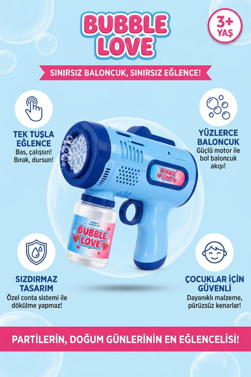 Pilli Köpük Tabancası Otomatik Baloncuk Makinesi Işıklı Sızdırmaz Köpük Üfleyici 3+ Yaş Mavi