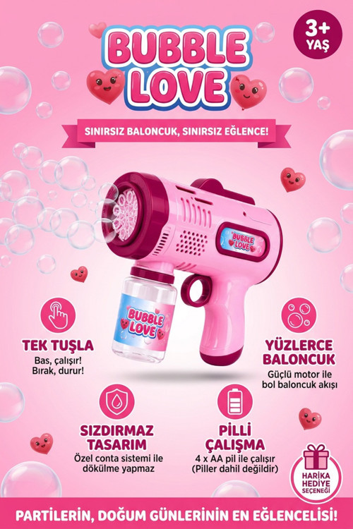 Pilli Köpük Tabancası Otomatik Baloncuk Makinesi Işıklı Sızdırmaz Köpük Üfleyici 3+ Yaş Pembe