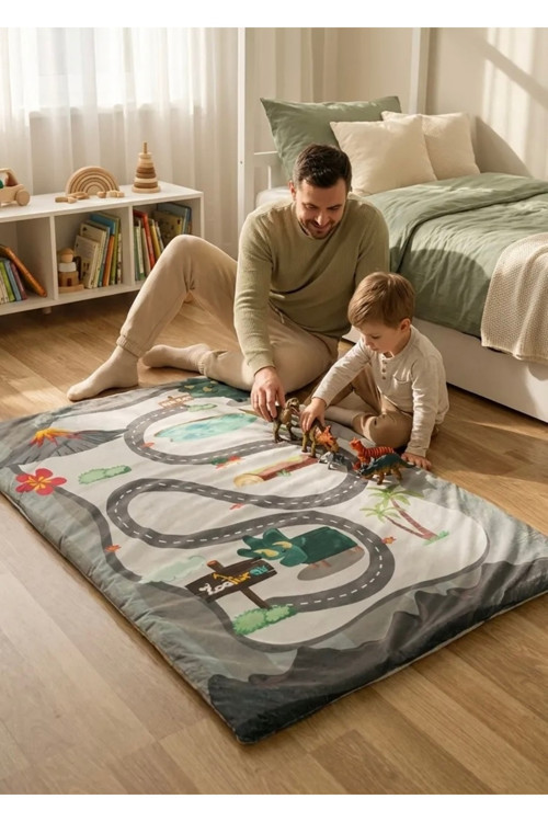 Çocuk Oyun Matı Bebek Minderi Boynuzlu Dinazor 100X150