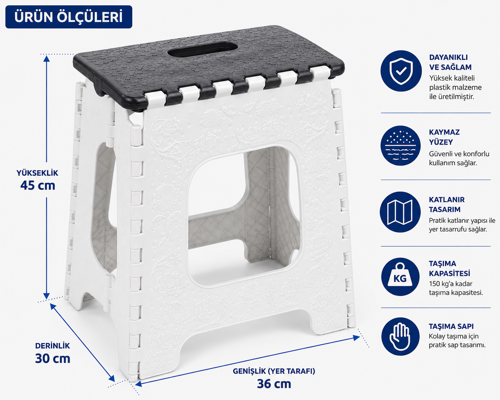 3 No Büyük Boy Katlanır Tabure Plastik Katlanabilir Basamak Taburesi Kaymaz Yüzeyli Beyaz Gri 45x36x30 cm