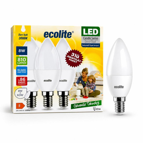 8W LED Mum Ampul 3’lü Paket E14 Duy 3000K Sarı Işık 810 Lümen 60W Eşdeğer Dekoratif Opal Ampul Enerji Tasarruflu