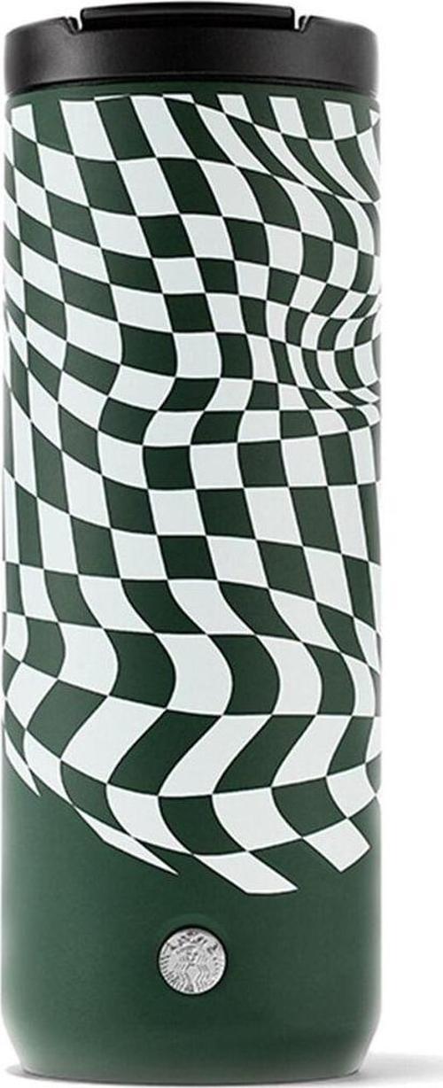 Koyu Yeşil Renkli Dama Desenli Çelik Termos 473 Ml