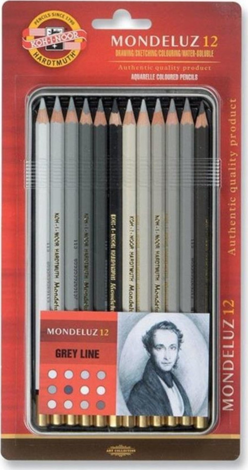 Kohinoor Mondeluz Aquarell Boya Kalemi 12 Renk GRİ TONLAR Metal Kutu 3722-012G