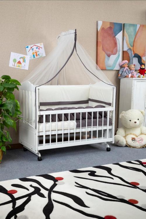 Ahşap Mdf Anne Yanı Beşik, 60x120 4 Kademeli Lake Cilalı Sallanır Tekerlekli  Bebek Beşiği