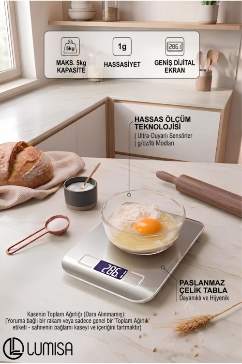Platin Mutfak Terazisi Paslanmaz Çelik Yüzeyli Hassas Mutfak Tartısı Lcd Ekranlı 5 Kg Pil Hediyeli