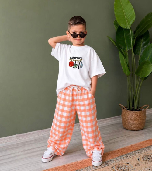 Cg Kids Camp Life Baskılı Tişört ve Ekose Pantolon Erkek Çocuk Takımı / Turuncu