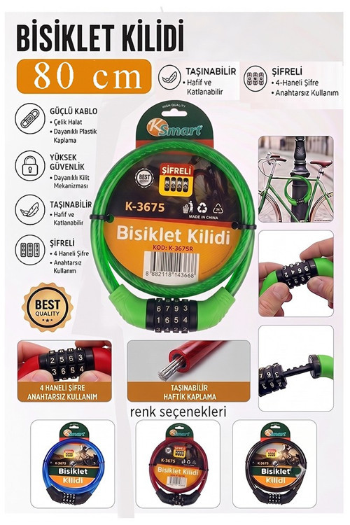 Yeşil Şifreli Bisiklet Kilidi 80 cm 1 Adet K-3675 Çelik Halat Plastik Kaplamalı Bisiklet Kiliti Scooter Kapı Şifreli