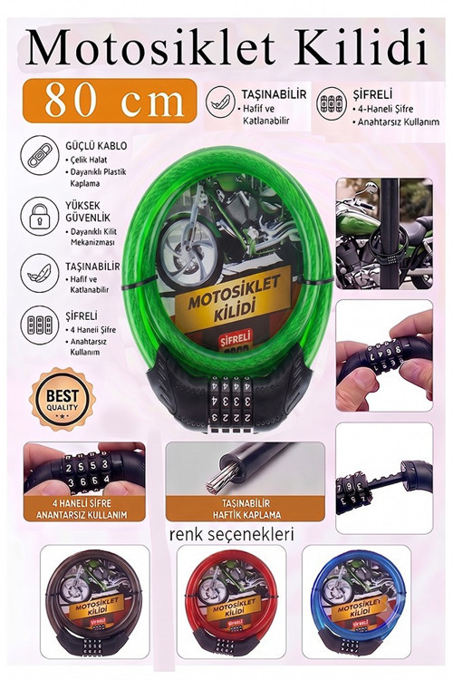 Yeşil Şifreli Motosiklet Kilidi 80 cm 1 Adet K-3682 Çelik Halat Plastik Kaplamalı Bisiklet Kiliti Motorsiklet Scooter