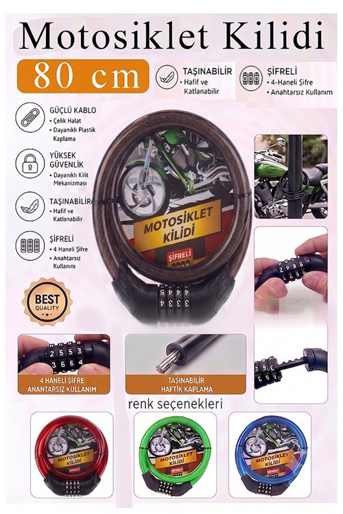 Siyah Şifreli Motosiklet Kilidi 80 cm 1 Adet K-3682 Çelik Halat Plastik Kaplamalı Bisiklet Kiliti Motorsiklet Scooter