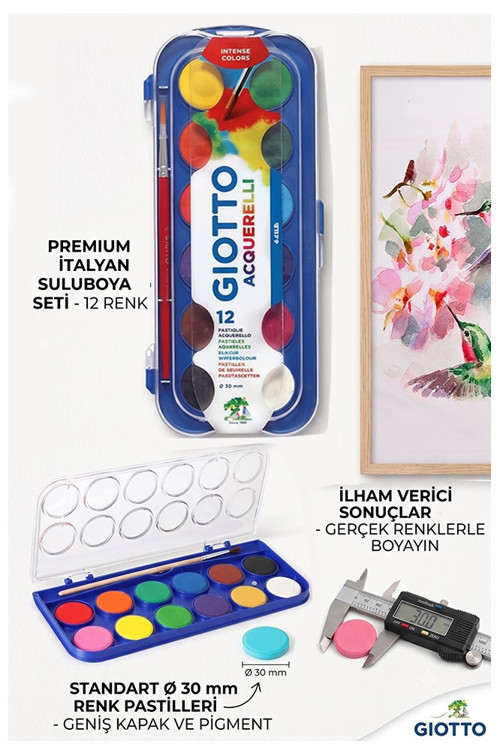12 Renk Sulu Boya 30mm Büyük 1 Paket Giotto 12 li Suluboya Fırça Hediyeli Canlı Renkler Acquerelli Kaliteli Yıkanabilir