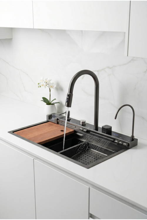 Dijital Akıllı Teknolojik Eviye Seti Ambiyans Işıklı Multifonksiyon Premium Mutfak Evyesi 75 X 46 Cm