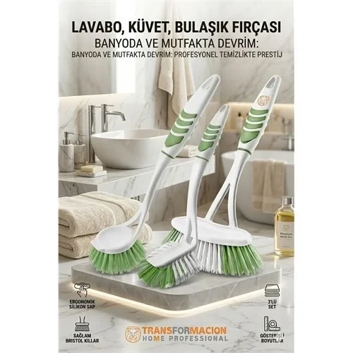 3'lü Profesyonel Temizlik Fırçası Seti - Ergonomik Banyo, Lavabo Ve Bulaşık Fırçası 723095