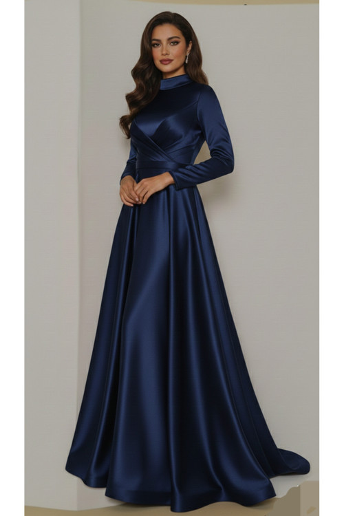 Drape Detaylı Saten Kumaştan Tesettür Abiye