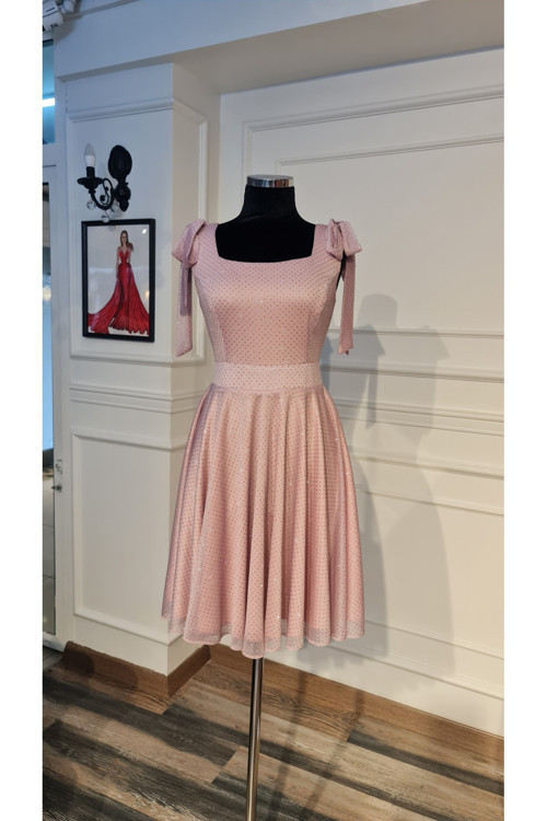 Simli Kumaştan Pudra Pembe Mini Elbise