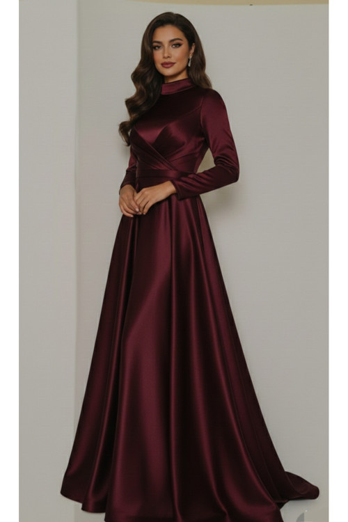 Drape Detaylı Saten Kumaştan Tesettür Abiye