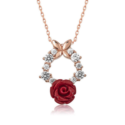 925 Ayar Gümüş Rose Kaplama Minimalist Kırmızı Gül Kadın Kolye
