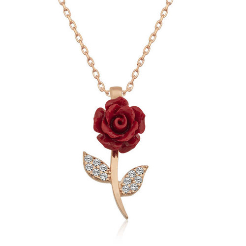 925 Ayar Gümüş Rose Kaplama Kırmızı Gül Kadın Kolye