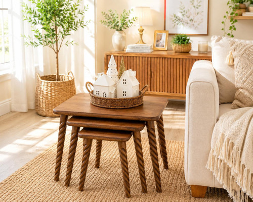 Masif Doğal Ahşap Zigon Sehpa 3'lü Set, Modern Masif Yan Sehpa