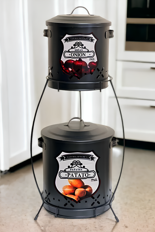 2 Katlı Patates Soğan Sebze Kovası | Çok Amaçlı Pratik 2 Katlı Saklama Kabı Soğan Patateslik Siyah