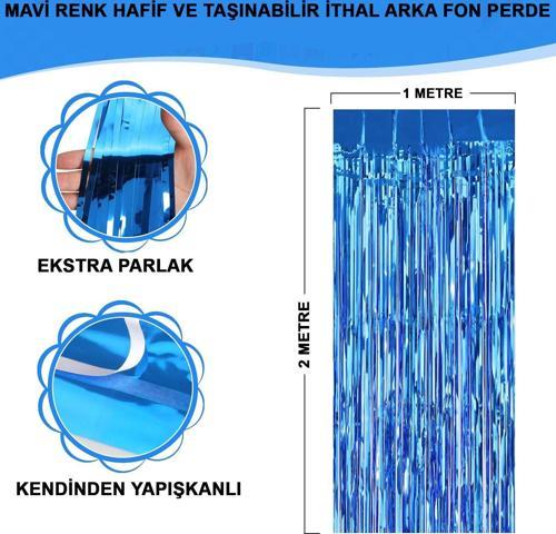 Mavi Renk Ekstra Metalize Parlak Saçaklı Arka Fon Perde İthal A Kalite 1x2 Metre