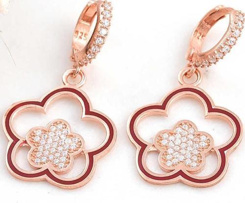 ​925 Ayar Gümüş Rose Sallantılı Çiçek Desenli Kadın Küpe
