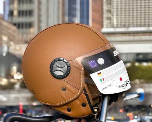 701 Deri Kaplı Yarı Camlı Elektrikli Bisiklet Motosiklet Scooter Kaskı 2XL Beden Kahve