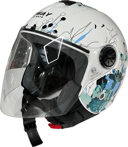 715 Şeffaf Vizörlü Yarım Motosiklet Scooter Kaskı M Beden Iris White Blue