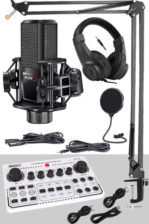 MX-2020 White Power Paket-2 Stüdyo Mikrofon Şarjlı Ses Kartı Kulaklık Stand (Kayıt ve Canlı Yayın)