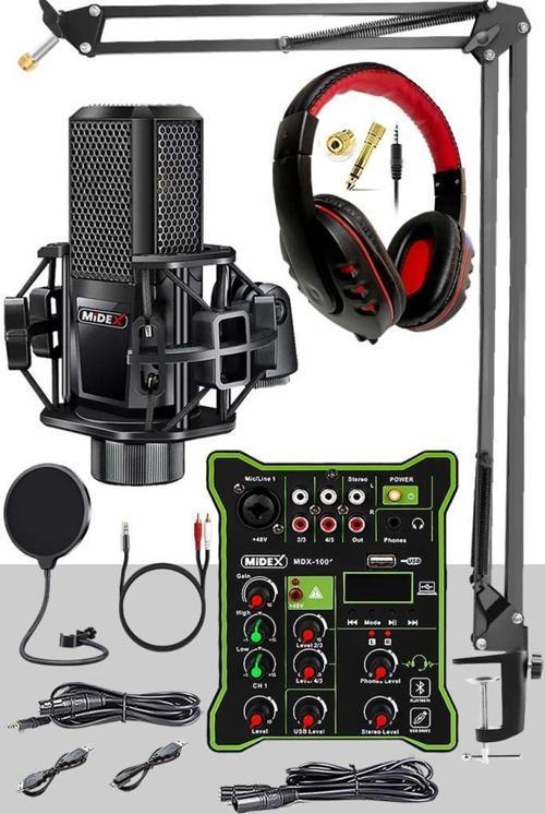 MX-2020 Functional Paket-2 Stüdyo Mikrofon Ses Kartlı Mikser Kulaklık Stand