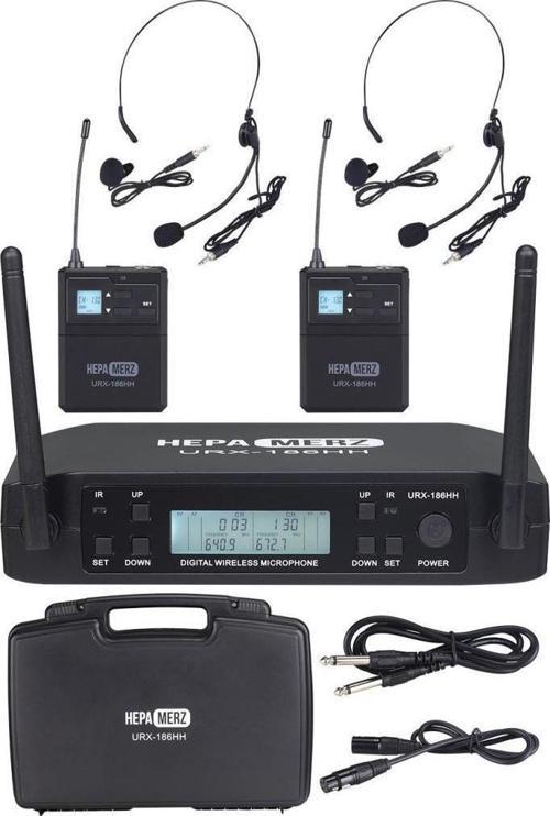URX-186HH UHF 2x100 Kanal Çiftli Kablosuz Yaka ve Headset Mikrofonu Çift Anten LCD Ekran