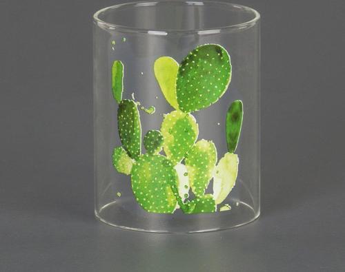 Euro Flora Kaktüs Desenli Cam Mumluk 8,5 x 13 cm 