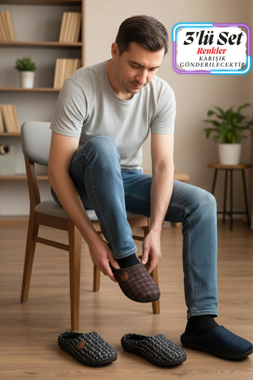 Erkek Kışlık Rahat Taban Çeyiz Ev Halı Misafir Ofis Terliği-(3'lü Set)