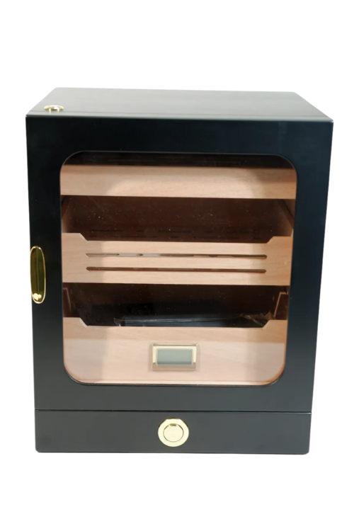 PremiumQuality Las Condes Aksesuar Çekmeceli İçi Ledli Siyah Sedir Humidor Puro Kutusu