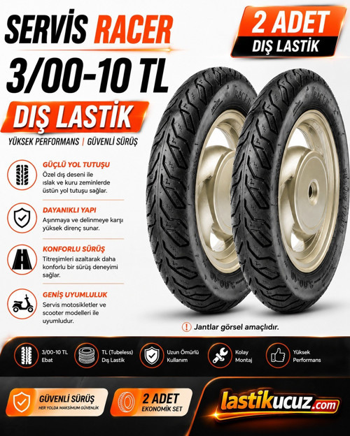 Racer 3.00-10 TL Motosiklet Dış Lastiği 2 Adet Takım Tubeless Scooter Lastiği