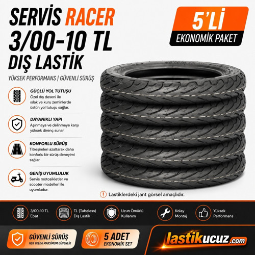 Racer 3.00-10 TL Motosiklet Dış Lastiği 5 Adet Ekonomik Paket Tubeless Scooter Lastiği