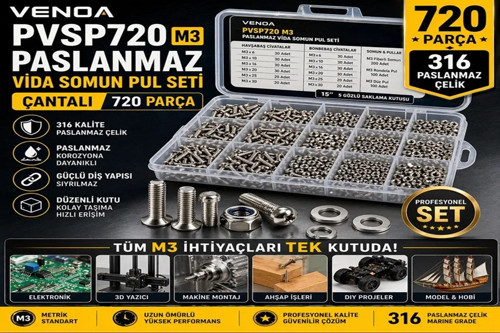PVSP720 M3 Paslanmaz Vida Somun Pul Seti 720 Parça – Çantalı Civata Seti | İnox Paslanmaz Çelik