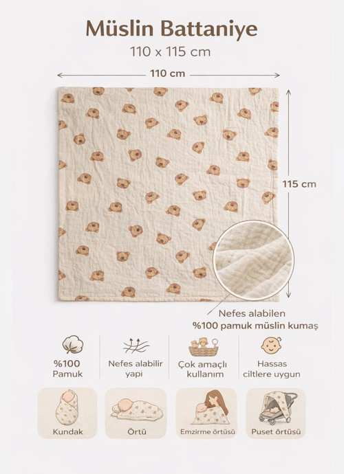 Organik Tedy Bear Müslin Battaniye Natural