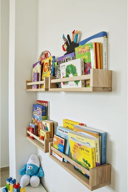 Bej Montessori Çocuk Odası Duvar Rafı Ahşap Kitaplık Raf 4 Adet