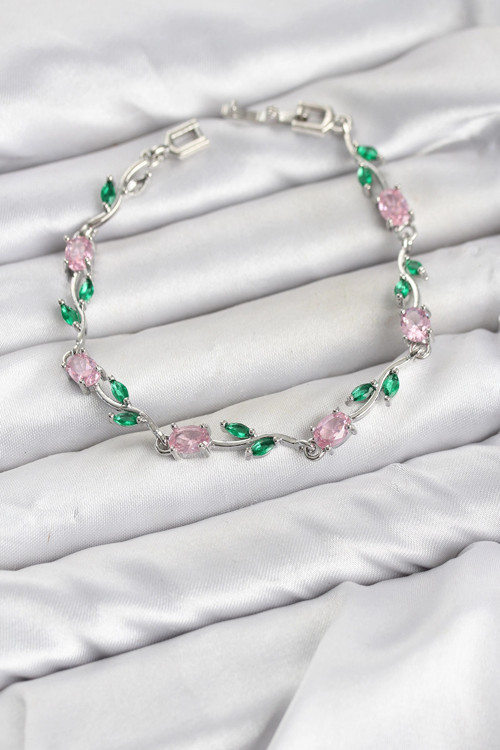 Pirinç Gümüş Renk Pembe Zirkon Taşlı Çiçek Model Kadın Bileklik
